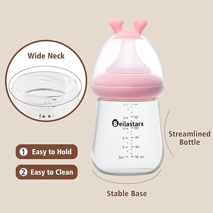 Beilastarx Glass Baby Bottles with Natural Response Nipple Size S - Anti Colic Baby Bottles Wide Neck Slow Flow Baby Bottle (Multicolor, 6oz (Pack of 4))