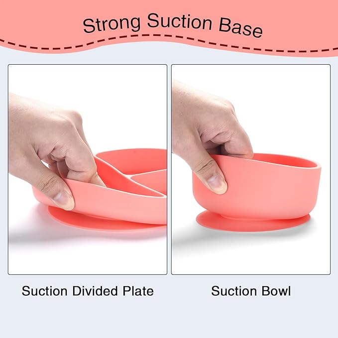 Silicone Baby Feeding Set - 13PCS Essentials With Suction Bowl, Plate, Spoons, Forks, Bib, Cup, Toothbrush - Led Weaning Supplies for 6+ Months Eating (Pink)