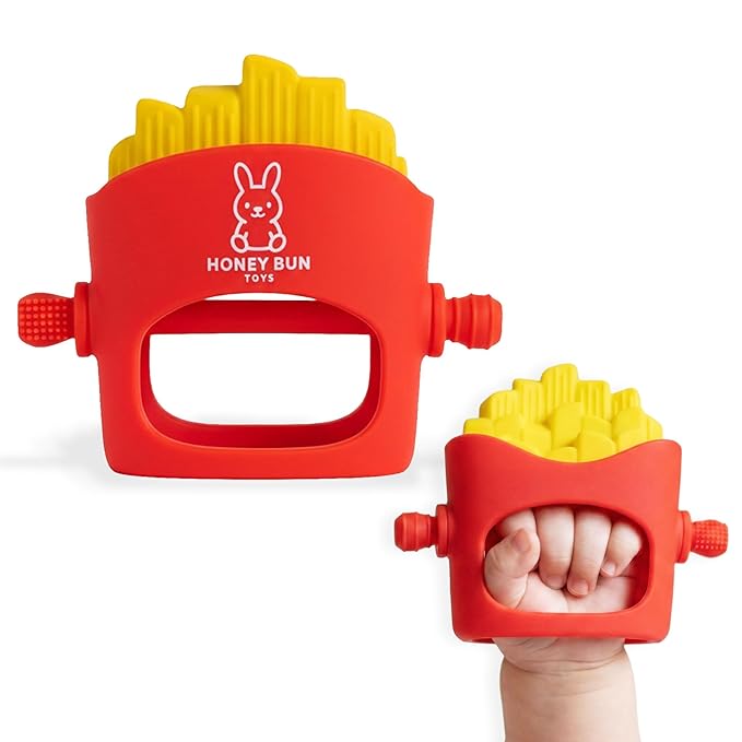 NomNom Fries Baby Teether Toy - Safe and Certified, Parent-Designed, BPA-Free, Food-Grade Silicone, Anti Dropping Teething Mitten, Multiple Texture