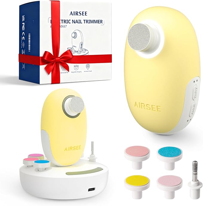 AIRSEE Premium Newborn Gift, Electric Baby Nail File, Cordless Safe Infant Nail Trimmer with 6 Replacement Pads, Magnetic Rechargeable Base, 360° LED Light, Baby Grooming Kit Gift
