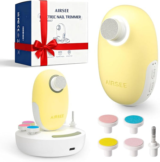 AIRSEE Premium Newborn Gift, Electric Baby Nail File, Cordless Safe Infant Nail Trimmer with 6 Replacement Pads, Magnetic Rechargeable Base, 360° LED Light, Baby Grooming Kit Gift