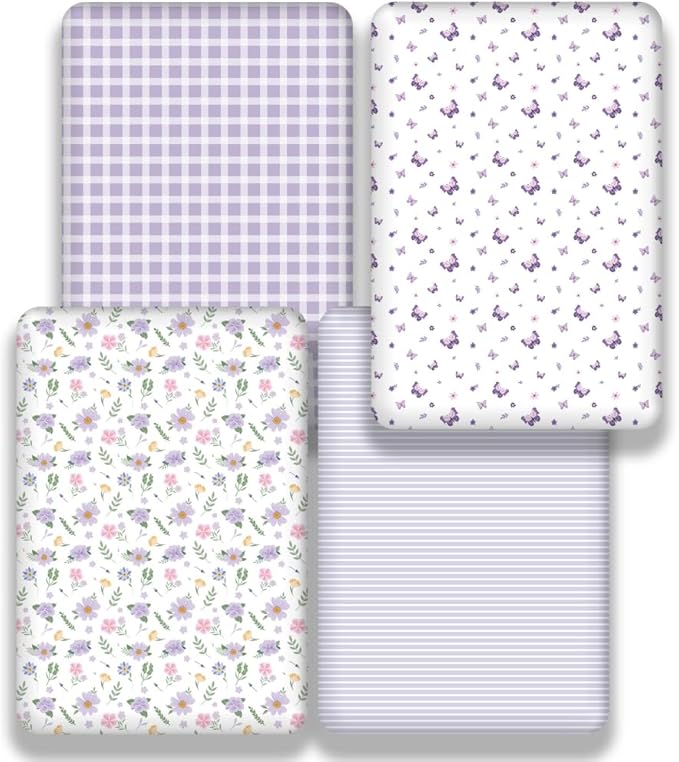 4 Pack Butterfly Baby Crib Sheets for Baby Girls Purple Crib Fitted Sheets for Standard Size Crib and Toddler Mattress Soft and Breathable (Crib)