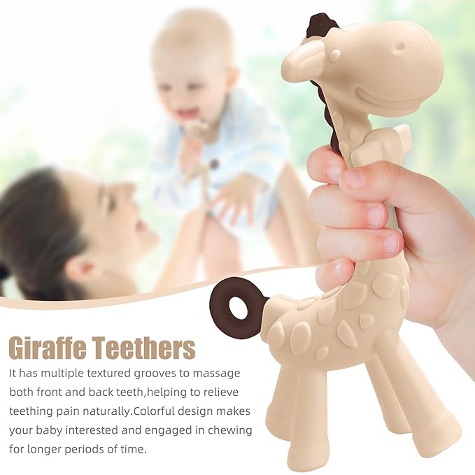 SHARE&CARE Valentines Day Gifts Silicone Giraffe Baby Teether Toy with Storage Case, for 3 Months Above Infant Sore Gums Pain Relief, Baby Teething Toys, Women Gift for Mom, Wife, Her (Cream)
