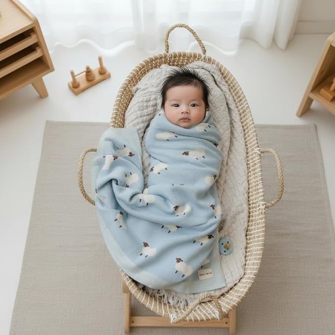 Knit Baby Swaddle Blanket for Boys - 100% Cotton Soft Cozy Lightweight Receiving Swaddling Stroller Quilt Blanket for Newborns Infants Toddlers (Sheep - Baby Blue)