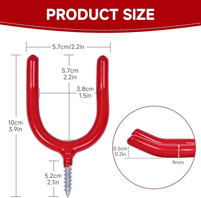 6 Pack Garage Storage System Steel U Hooks with Anti-Slip Coating Home Improvement and Organization Screw in Hooks Easy Wall Mounting Heavy Duty Bike and Ladder (Red, 6 Pack)