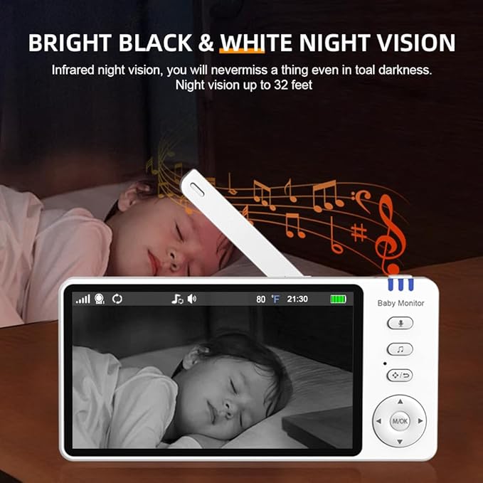 5" Video Baby Monitor with Camera and Audio, No WiFi No App, 720P HD Secure Connection, 1000ft Range, Night Vision, Temp & Feeding Alarm, 355° PTZ