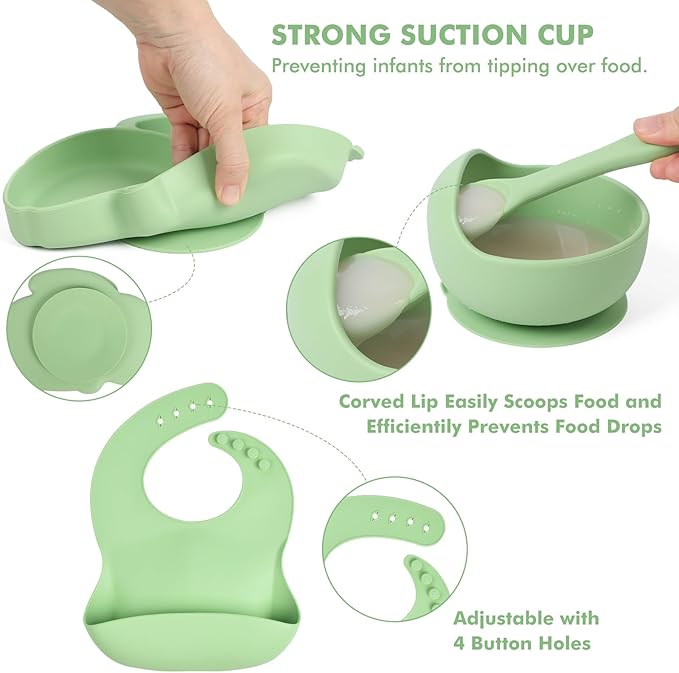 mraisebossup Silicone Baby Feeding Set 15 Pcs，Baby Spoons Suction Bowl Divided Plate Bib Cup Finger Brush Training cups,Baby Led Weaning Supplies（green）