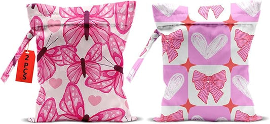 2Pcs Pink Bow Wet Bags 12x10 Inch, Heart Waterproof Wet Dry Bags, Reusable Washable Travel Laundry Bag for Swimsuit Beach Diapers Dirty Yoga Gym Clothes, Butterfly Gifts for Women Friend Travelers