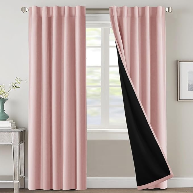 H.VERSAILTEX 100% Blackout Curtains for Bedroom with Black Liner Full Room Darkening Curtains Thermal Insulated Back Tab/Rod Pocket Window Drapes for Living Room, 2 Panels, 42 x 84 Inch, Baby Pink