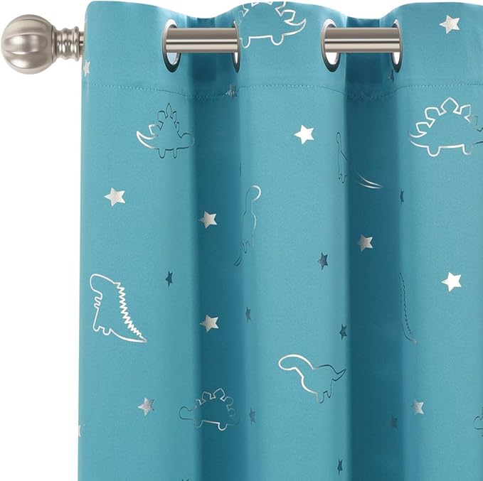 LORDTEX Dinosaur and Star Foil Print Blackout Curtains for Kids Room - Thermal Insulated Curtains Noise Reducing Window Drapes for Boys and Girls Bedroom, 42 x 63 Inch, Teal, Set of 2 Panels