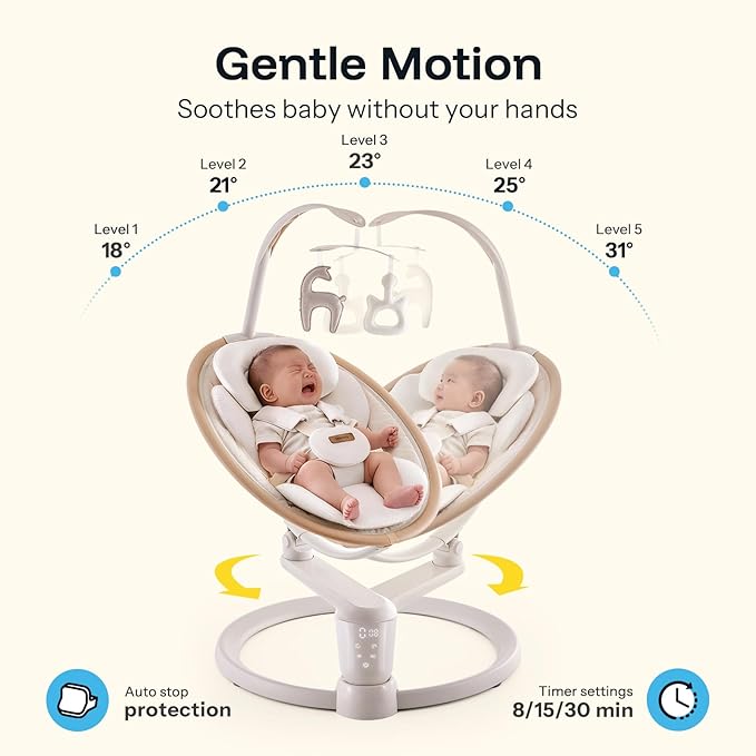 HARPPA Electric Baby Swing for Infants 0–6 Months, Baby Swing with Toy Bar and Sounds, Remote Control, 5 Speeds, 2 Seat Positions & 180° Rotation for Indoor Use, Warm Sand