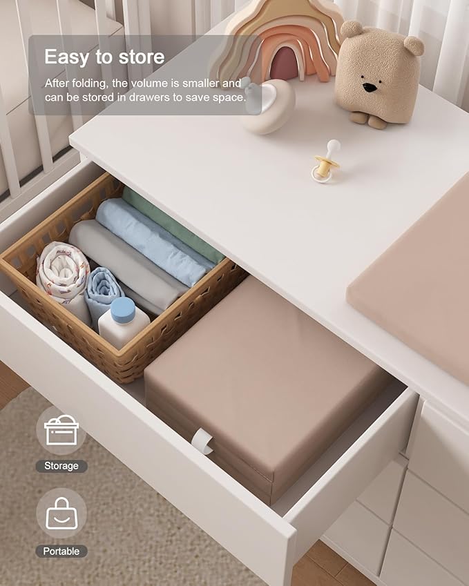 YACODAVO Foldable Baby Changing Pad with Vegan Leather Cover, Standard Side Waterproof & Wipeable Changing Pad for Toddler, Flat Foam Travel Diaper Changing Pad for Dresser and Table, Light Brown