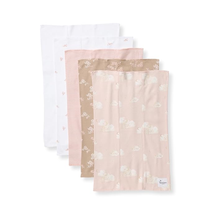 Burts Bees Baby Infant Burp Cloths, 100% Organic Cotton Extra Absorbent Soft Fabric Drool Cloths, 5-Pack Newborn Must-Have Essential Large Burping Cloths, One Size 17 x 11.75 Inches
