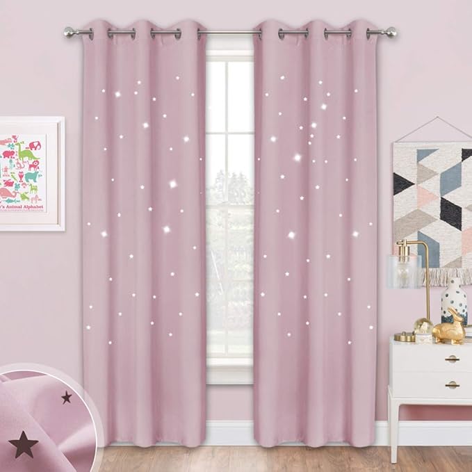NICETOWN Twinkle Star Blackout Curtains - 84 inches Long Starry Sky Thick and Soft Room Darkening Drapes with Die-Out Stars for Princess Bedroom, 42 inches Wide, Lavender Pink=Baby Pink, 1 Pair
