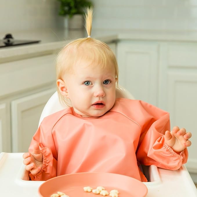 Tiny Twinkle Long Sleeve Bib for Babies & Toddlers | 2-Pack Waterproof Smock Bib for Eating | Machine Washable & Mess-Proof Feeding Essentials | Newborn Shower Gift (Peach Terracotta,6–24M)
