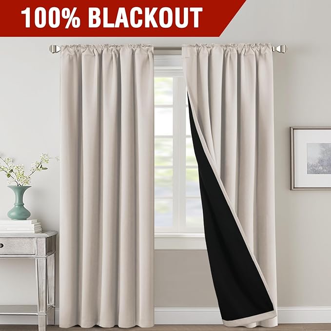 H.VERSAILTEX 100% Blackout Curtains for Bedroom with Black Liner Full Room Darkening Curtain 96 Inch Long Thermal Insulated Back Tab/Rod Pocket Window Drapes for Living Room, 2 Panels, Fog