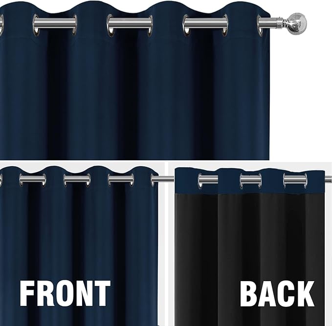 LEMOMO 100% Blackout Curtains 52 x 63 Inch Navy Blue Curtains 2 Panels Darkening Thermal Insulated Bedroom Curtains