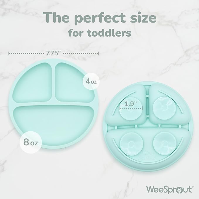 WeeSprout Suction Plates for Babies With Lids & Toddlers - 100% Silicone, Dinnerware Stays Put, Divided Design for Picky Eaters, Microwave & Dishwasher Friendly, 3 Pack