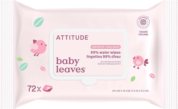 ATTITUDE Baby Water Wipes, EWG Verified, Safe for Newborns, Unscented & Fragrance-Free, 99% Water, Gentle & Hypoallergenic, Vegan & Dermatologically Tested, Travel Pack with Hard Lid, 72 Count