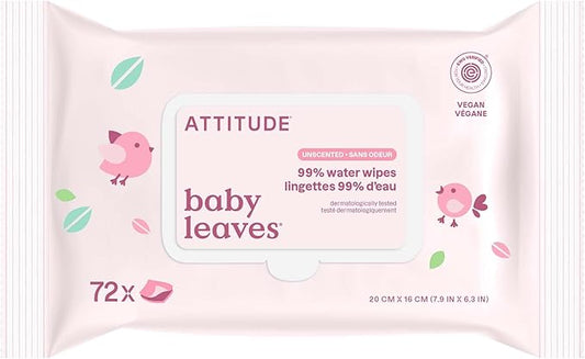 ATTITUDE Baby Water Wipes, EWG Verified, Safe for Newborns, Unscented & Fragrance-Free, 99% Water, Gentle & Hypoallergenic, Vegan & Dermatologically Tested, Travel Pack with Hard Lid, 72 Count