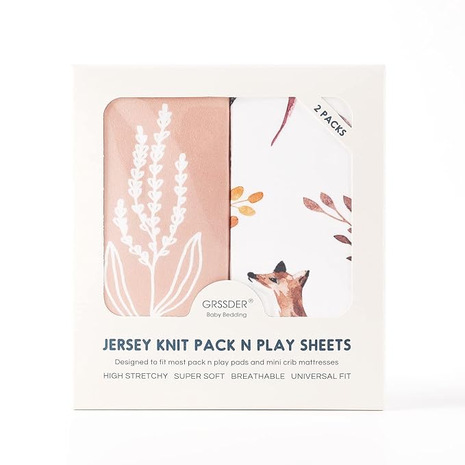 GRSSDER Stretchy Ultra Soft Jersey Knit Fitted Pack n Play Sheets Set 2 Pack, Universal Fit Portable/Mini Crib, Playards Mattress Pads Safe and Snug, Pretty Fox for Baby Girls