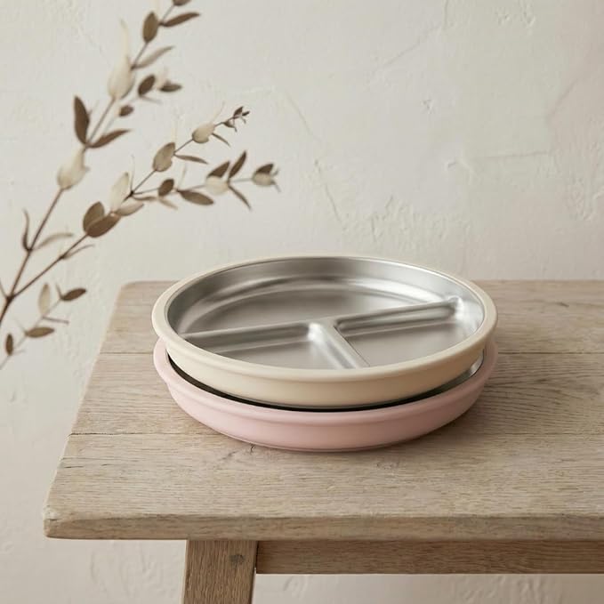 Stainless Steel Toddler Plate with Suction Set of 2, 8” Divided Plates with Removable Silicone Sleeves for Kids, Non Toxic & BPA Free | Non Slip | Unbreakable Baby Dishes, (Tofu & Pearl Blush)