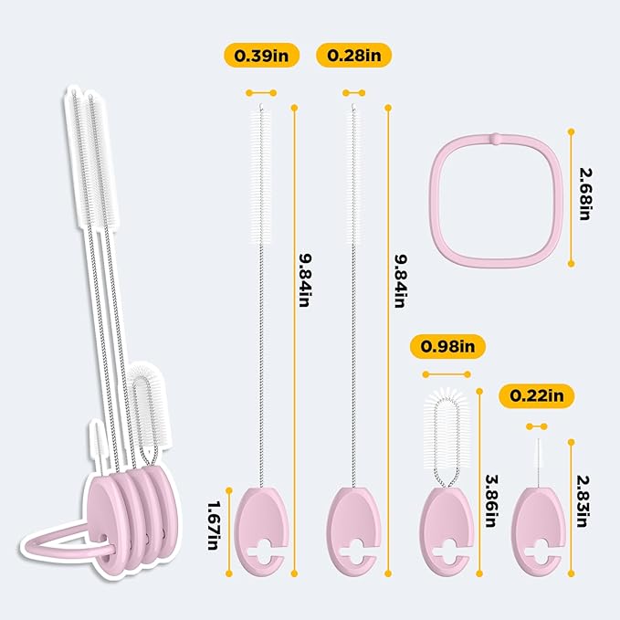 VOGOGE Straw Brush Set, 4 Piece Cleaner Kit with Standable Key Ring for Reusable Straws, Tumblers & Water Bottles – Designed for Kids & Adults, Pink