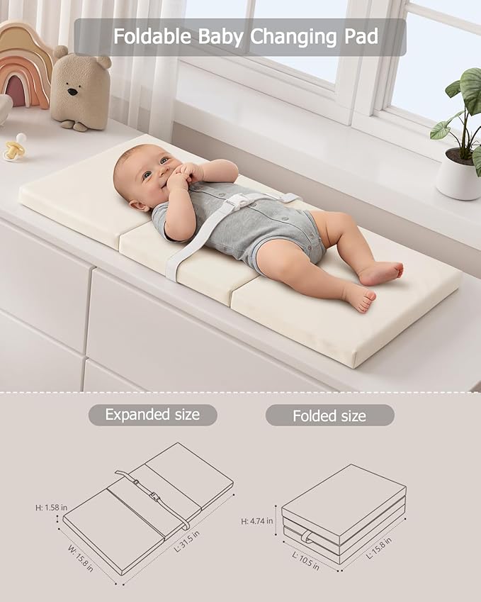 YACODAVO Foldable Baby Changing Pad with Vegan Leather Cover, Standard Side Waterproof & Wipeable Changing Pad for Toddler, Flat Foam Travel Diaper Changing Pad for Dresser and Table, White