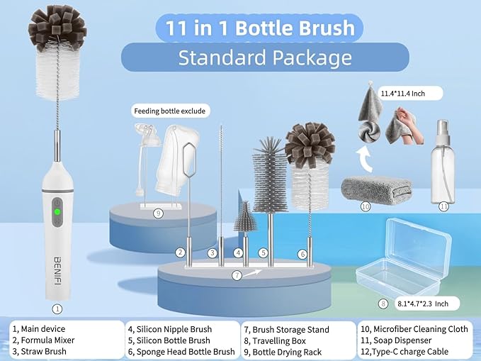 Benifi Electric Bottle Cleaner Pro, 11 in 1 Baby Bottle Brush, Drying Rack, Sponge Bottle Brush, Silicon Bottle Cleaner,Formula Mixer,Nipple Brush, Soap Dispenser,Microfiber Cleaning Cloth Included