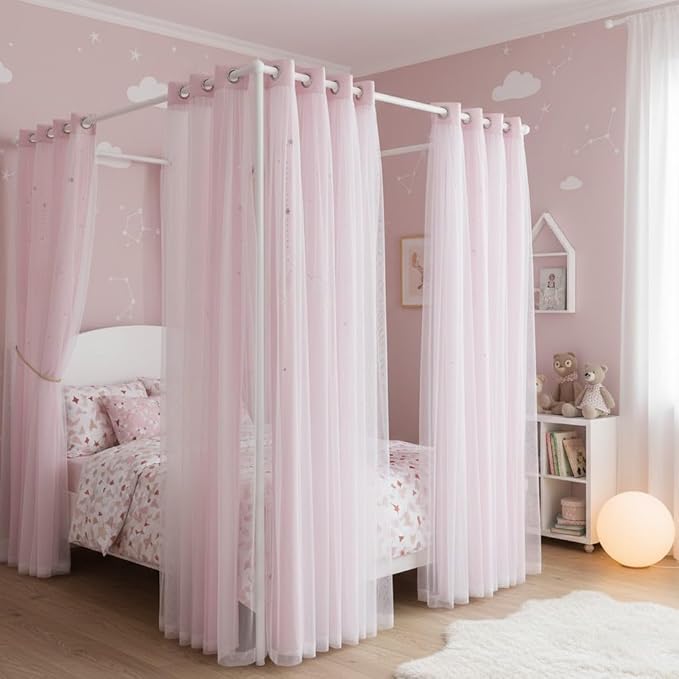 NICETOWN Pink Curtains, Star Moon Cutout Cute Curtains Blackout Drapes with Sheer Overly for Girl Bedroom, Double Layer Window Treatment for Nursery, 52 X 95 Inches, 1 Pair