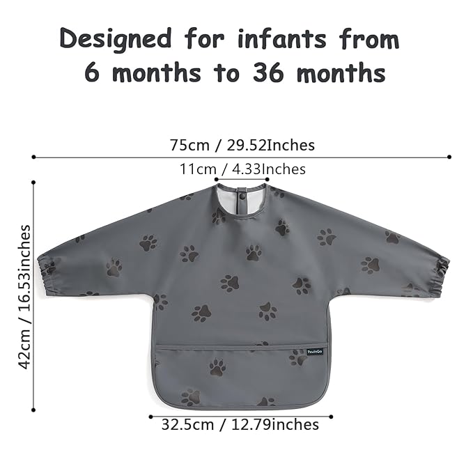 PewinGo Baby Bib with Long Sleeves Bib & BLW, Machine Washable & Soft and Skin-Friendly Material, Coverall Bibs for Baby Feeding, Waterproof and Easy to Clean, for Baby Infant Toddlers (Dark Grey)