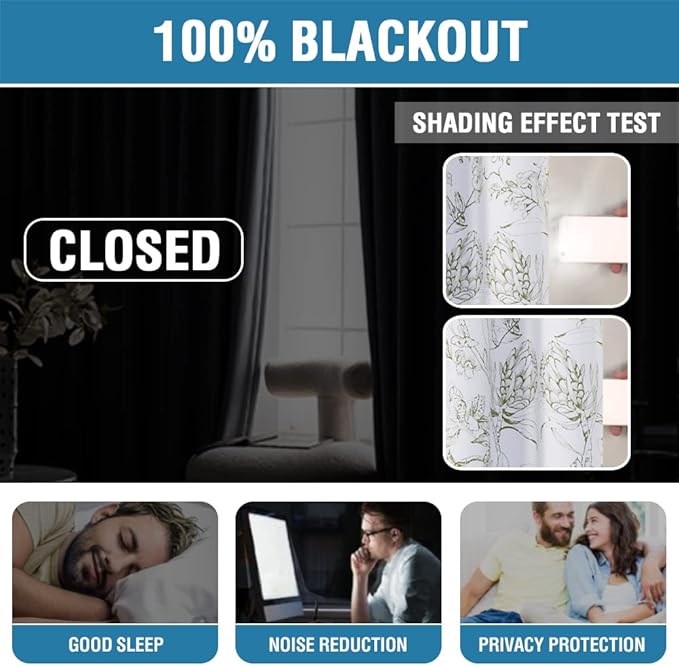 H.VERSAILTEX 100% Blackout Curtains for Living Room Camellia Floral Blackout Curtains 63 Inches Long Light Blocking Window Treatment Curtains with Black Liner Grommet Thermal Drapes, 2 Panels, Olive