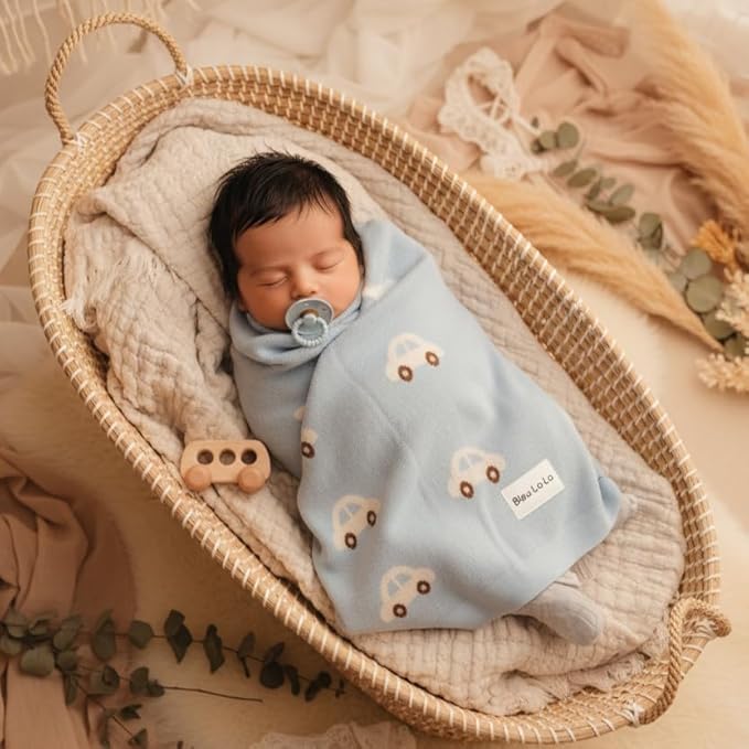 Baby Blanket for Boys 100% Cotton Buttery Soft Cozy Receiving Swaddle Stroller Blanket for Shower Gift Registry for Newborns, Infants, Toddlers (Cars - Baby Blue)