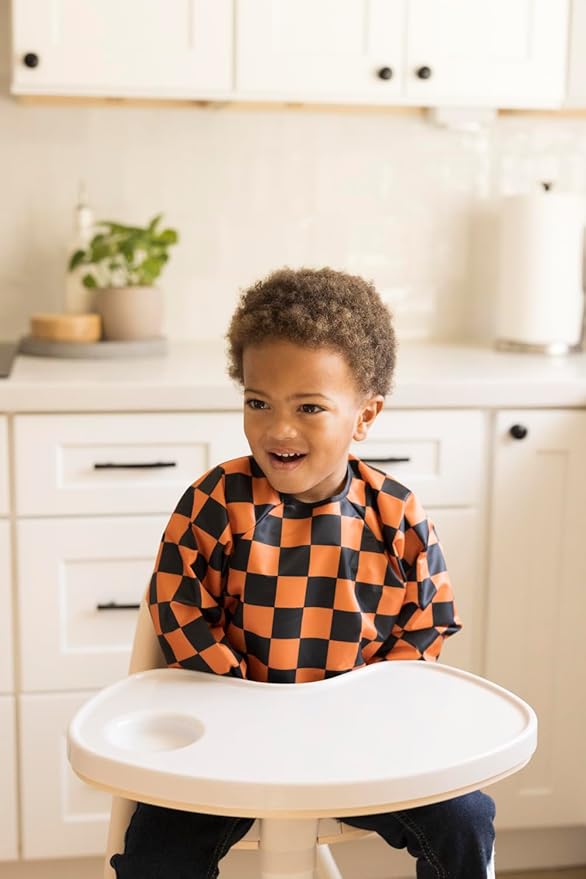 Tiny Twinkle Long Sleeve Bib for Babies & Toddlers | Waterproof Smock Bib for Eating | Machine Washable & Mess-Proof Feeding Essentials | Newborn Shower Gift (Orange,Black Checkers, 6–24M)