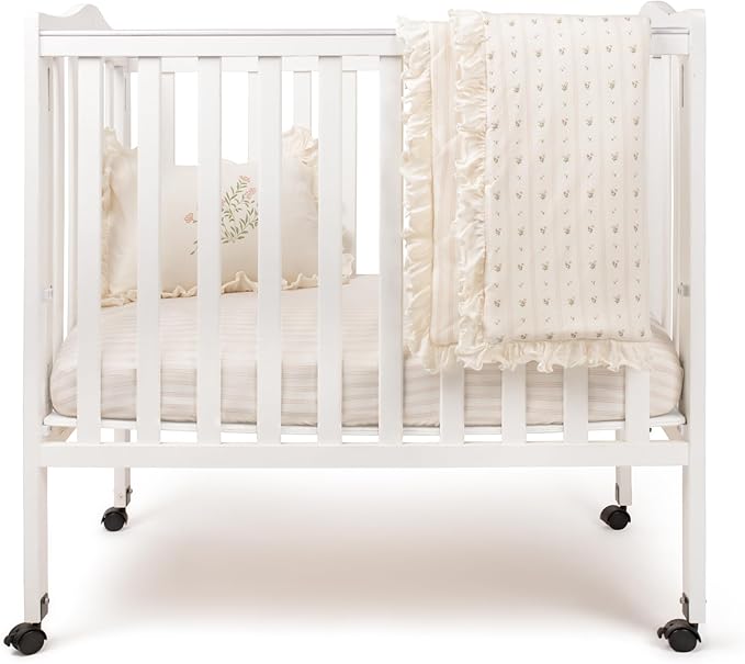 Ely's & Co. Mini Crib Bedding Set for Girls, 4 Piece Set Includes – 1 Fitted Mini Crib Sheet, Quilted Comforter and Decorative Pillowcase with Insert, Pink Linear Floral Collection
