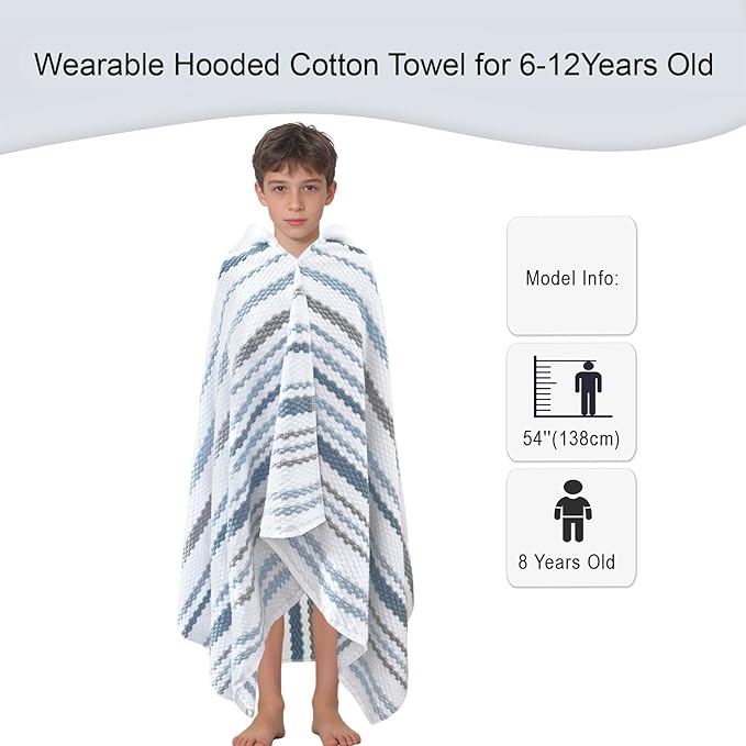 VOOVA & MOVAS Hooded Bath Towel for Teens/Big Kids (8-14 Years,64"X33") | Soft Quick Drying Absorbent 100% Cotton Thick Towel Wrap | Versatile Beach, Pool, Swim & Bathroom Cover-Up | Blue Gray Stripe