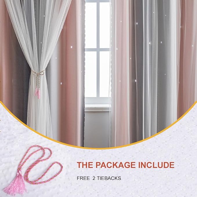 Star Girl and Kids Curtains for Bedroom Rainbow Ombre Double Layer Cute Shot Nursery Darkening Grommet Princess Room Décor 2 Panels Living Room Window Curtain (Pink Grey52W x 95L)