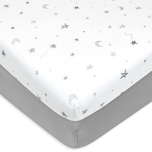 American Baby Company 2 Pack 100% Natural Cotton Fitted Mini Crib Sheets 38" x 24" - Soft & Breathable Small Nesting Portable Sheets, Fits Pack N Play Mattresses, Gray Stars and Gray, for Boys & Girls