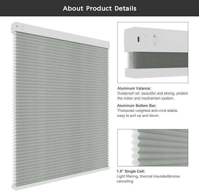 Changshade Smart Motorized Blinds Cellular Shades Remote Control Work with Alexa, Google Home, Smarthings, Custom Size Auto Electric Power Automatic for Indoor Windows Doors, Light Filtering, Grey