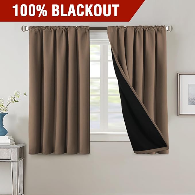 H.VERSAILTEX 100% Blackout Curtains for Bedroom with Black Liner Full Room Darkening Curtains 54 Inches Long Thermal Insulated Back Tab/Rod Pocket Window Drapes for Living Room, 2 Panels, Macchiato