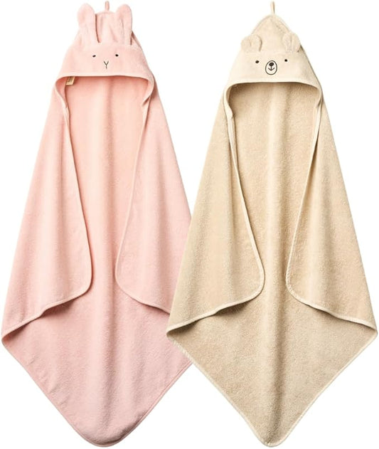 Baby Hooded Towel – Organic Cotton Baby Bath Towels, 32" x 32" Super-Soft and Absorbent Baby Towels for Newborn 2-Pack (Rabbit Blush/Bear Fog)