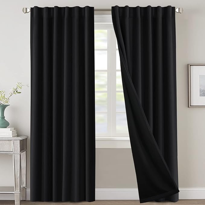 H.VERSAILTEX 100% Blackout Curtains for Bedroom with Black Liner Full Room Darkening Curtains 84 Inches Long Thermal Insulated Back Tab/Rod Pocket Window Drapes for Living Room, 2 Panels, Jet Black
