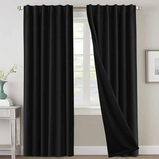 H.VERSAILTEX 100% Blackout Curtains for Bedroom with Black Liner Full Room Darkening Curtains 84 Inches Long Thermal Insulated Back Tab/Rod Pocket Window Drapes for Living Room, 2 Panels, Jet Black