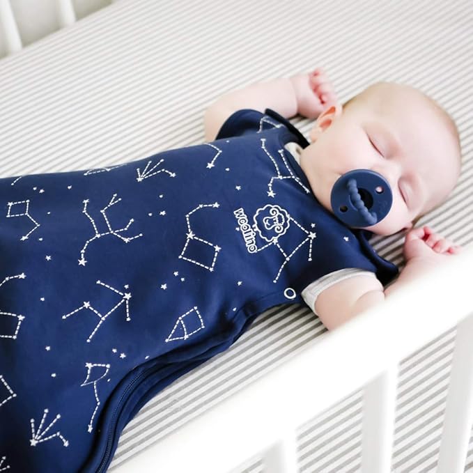 Woolino 4 Season Ultimate Baby Sleeping Bag - Merino Wool and Organic Cotton - Universal Size Adjustable Sleep Sack for Baby - Two-Way Zipper Sleeping Bag (2-24 Months) - Night Sky