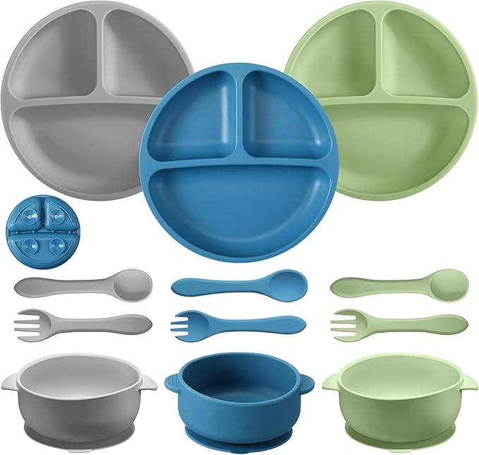 CHENGU 12 Pcs Silicone Bowl with Suction Set for Baby Toddler with Suction Plate, Spoon and Fork, Divided Design Baby Feeding Utensils Weaning Kit, Dishwasher and Microwave Safe