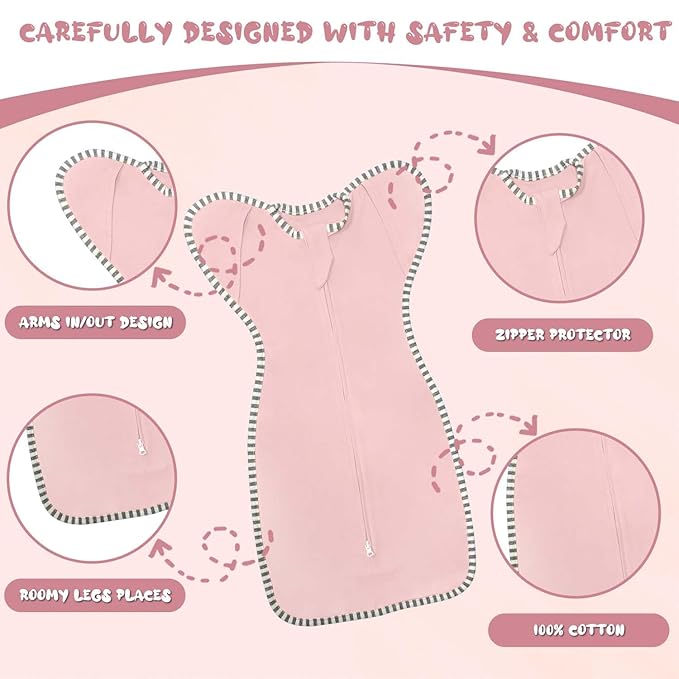 Newborn Swaddle 0-3 Months Sleep Sack Transition Swaddle 0-3 Months Arms up Swaddles with 2-Way Zipper Arms In/Out 100% Cotton 0.8 Tog Baby Swaddles for Newborn Sleep Sack Girls 2-Pack (Small 5-14lbs)