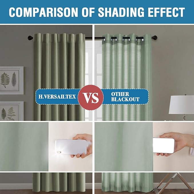 H.VERSAILTEX 100% Blackout Curtains for Bedroom with Black Liner Full Room Darkening Curtains 45 Inches Long Thermal Insulated Back Tab/Rod Pocket Window Drapes for Living Room, 2 Panels, Sage