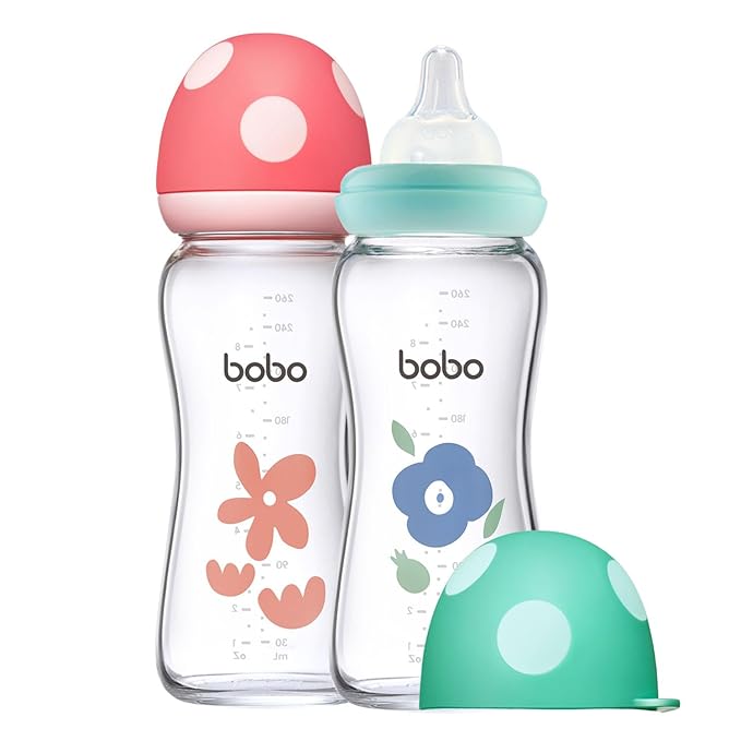 YOHKOH Natural Glass Baby Bottle with Level 2 Medium Flow Nipple, Newborn Anti-Colic Baby Bottles, Wide Neck Mushroom Baby Glass Bottle (8.8oz (Pack of 2), Multicolour)