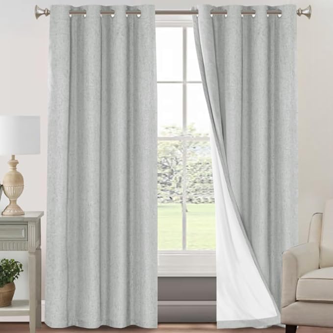 PrinceDeco Linen Texture Curtains Full Blackout Curtains 102 inch Long 2 Panels Set Anti-Rust Grommet Grey Linen Curtains Vertical Drapes Privacy for Bedroom Living Room，52 X 102 Inch, Glacier Grey
