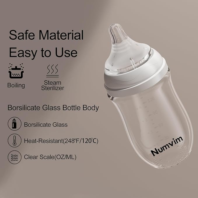 Numvim Natural Glass Baby Bottles with Gentle & Extra Slow Flow Nipples, Newborn Breastfeeding Bottle, Anti-Colic, Includes 1pcs SS Nipples(0 Month+) 2pcs S Nipples(1m+),3 Packs (White 3 Oz + 5 Ounce)